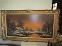 Large winter landscape painting on canvas  gilded