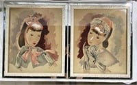 Pair of Vintage Airbrush Watercolors Signed Sue