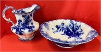 Beautiful Flow Blue Bowl and Pitcher-W H Grindley