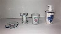 (3) floral, ceramic bathroom set, (1) lotion