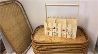 (13) bamboo serving trays, (1) divided wood caddy