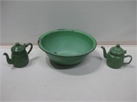 3 Pieces Of Vintage Green Enamelware - 10.5" Bowl