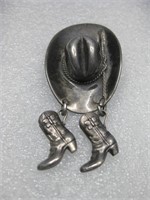 Sterling Silver Cowboy Hat & Boots Pin / Brooch