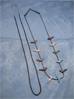 2 Vtg NA Beaded Shell Necklaces - 1 w/ Bird Fetish