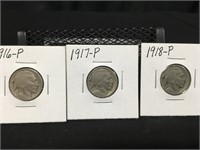 Three Buffalo Nickels 1916,17,18
