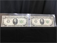 Two 2928-B Twenty Dollar Bills