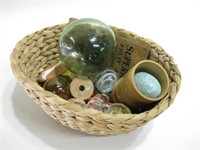 8.5"x6"x3.5 Vintage Basket W/Assorted Collectibles