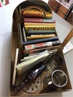 Box of books, picture frame, mugs