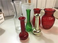 Flower vases, red green, clear