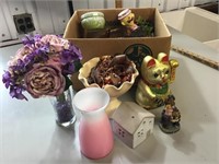 Decorator items, books, pink vase