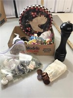 Cabinet hardware, pepper mill, old checkers, misc