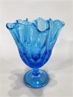 Aqua Blue Glass Ruffled Compote Style Vase