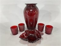 Red Glass Vase, Votive Candles & Leaf Dish