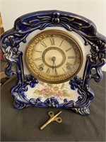 Ansonia Blue 'Thistle' Porcelain Mantle Clock