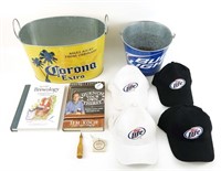 Beer Buckets, Signed Books, Hats Lot