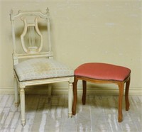 Lyre Back Louis XVI Painted Chair with Stool.