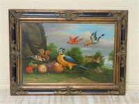 Large Parrot and Birds Oil on Canvas, Signed.