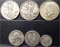 90% Silver (3) Half Dollars, (2) Quarters, & Dime