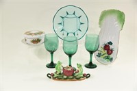 Green Stemware Glasses, Frog S&P Set