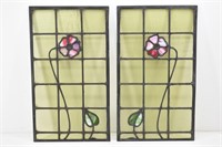 Pair of Floral, Leaded Glass Art Panels