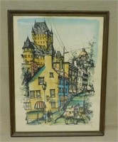 French Chateau Hand Colored Pen and Ink, Signed.