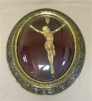 Large Oval Framed Crucifix Under Convex Glass.