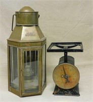 Brass Hanging Oil Lantern and Kitchen Scale.