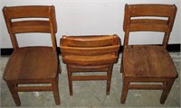 Three Vintage Oak School Chairs with Book Pockets