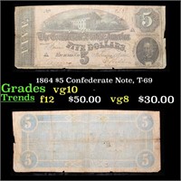 1864 $5 Confederate Note, T-69 Grades vg+