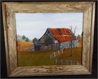 Framed Oil On Canvas Barn