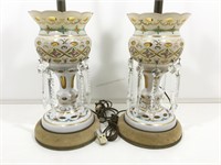 Pair of Vintage Luster Lamps. White Overlay Cut