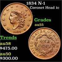 1834 N-1 Coronet Head 1c Grades Choice AU