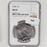 NGC 1924 MS65 90% Silver Peace $1 Dollar