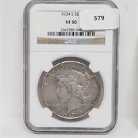 NGC 1934-S VF30 90% Silver Peace $1 Dollar