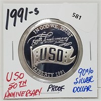 1991-S Proof USO 50th Ann 90% Silver $1 Dollar