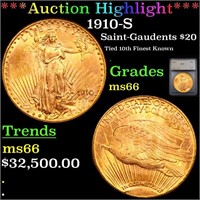 *Highlight* 1910-S Saint-Gaudents $20 Graded ms66