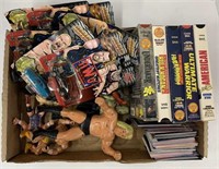 Flat of WWE figures, cars, tapes and cards