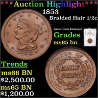 *Highlight* 1853 Braided Hair 1/2c Graded ms65 bn