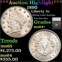 *Highlight* 1890 Liberty 5c Graded ms64+