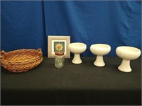 3 Ceramic Pedestals, Wicker Basket,misc