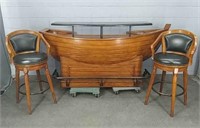Wood Ship Bar And Two Stools - Marble Top