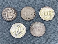 5x The Bid Us Silver 3 Cent Pieces 1850’s