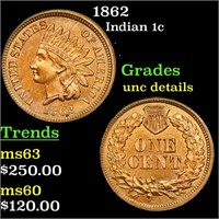 1862 Indian 1c Grades Unc Details
