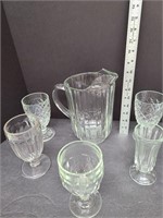 Vintage Heavy Glass Pitcher & 5 Misc. Glasses