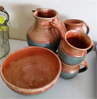 Pottery Set - Pitcher, 4 Cups & Bowl