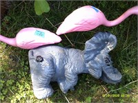 Plastic Elephant and 2 flamingos