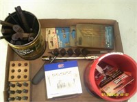box of tools. sparkplugs, drill bits, punchs,
