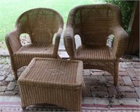 2 Wicker Chairs, Ottoman, Pads w/Cover