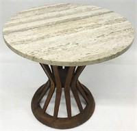 Small Dunbar Table with Round Travertine Top.