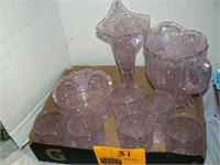 FLAT OF PINK LUSTER GLASS PITCHER AND GLASSES,